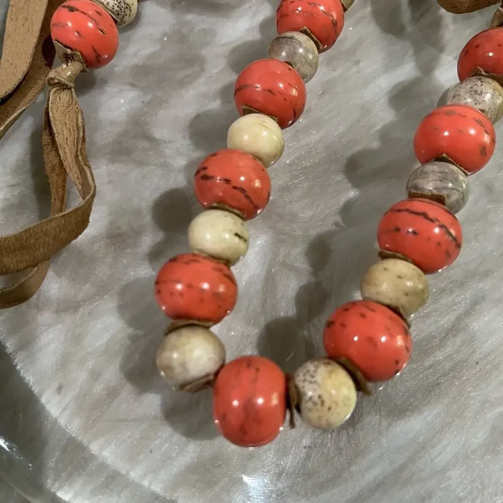 NEW Sundance Vintage Bohemian Glazed Stone Suede Coral Sunset Statement Necklace